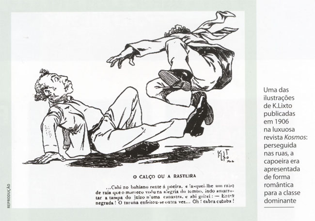 Uma das ilustraes de K. Lixto publicadas em 1906 na luxuosa revista Kosmos: perseguida nas ruas, a capoeira era apresentada de forma romntica para a classe dominante