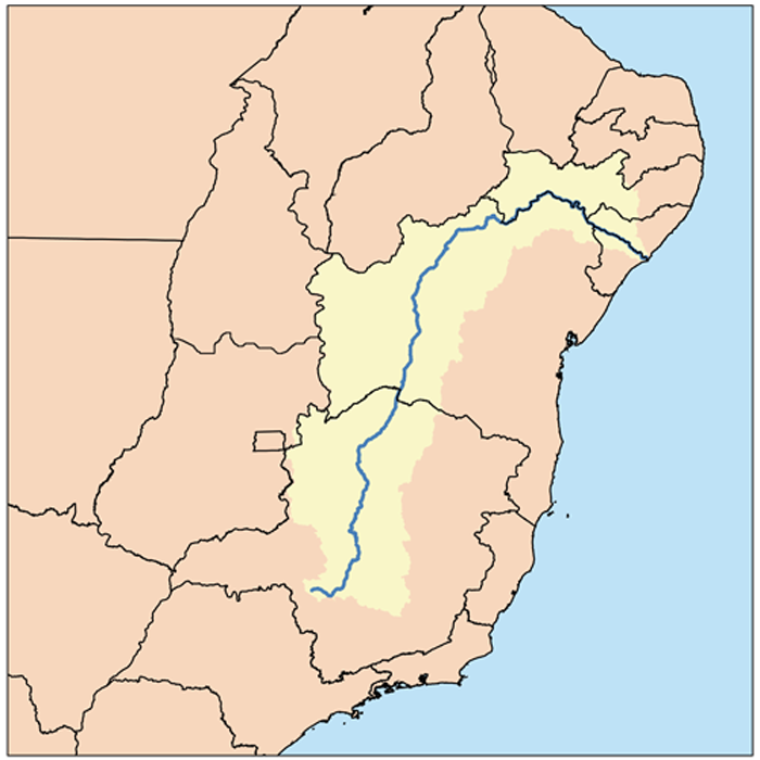 Mapa da extensão total do rio São Francisco. Em seus 2 830 km o rio passa por cinco estados brasileiros.