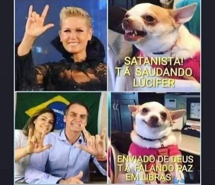 Xuxa faz um sinal: - Satanista! T saudando o Lcifer!!!   Michele e Bolsonaro faz o mesmo sinal: "Enviado de deust falando paz em libras.