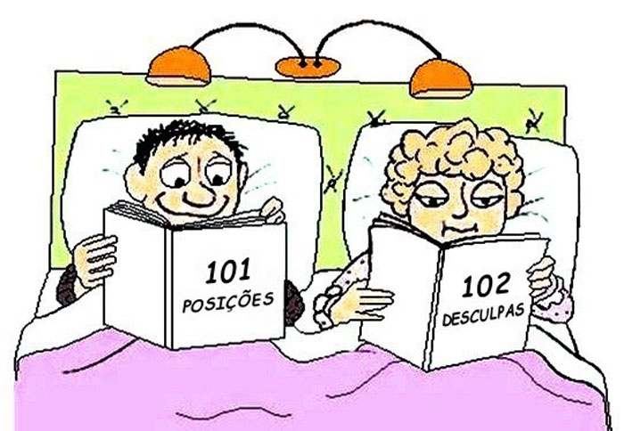 O homem lendo "101 posies"; a mulher lendo "102 desculpas"