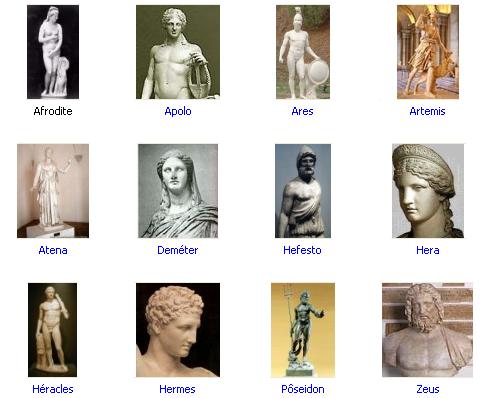 Afrodite, Apolo, Ares, Artemis, Atena, Demeter, hefesto, hera, Hraces, Hermes, Poseidon, Zeus.
