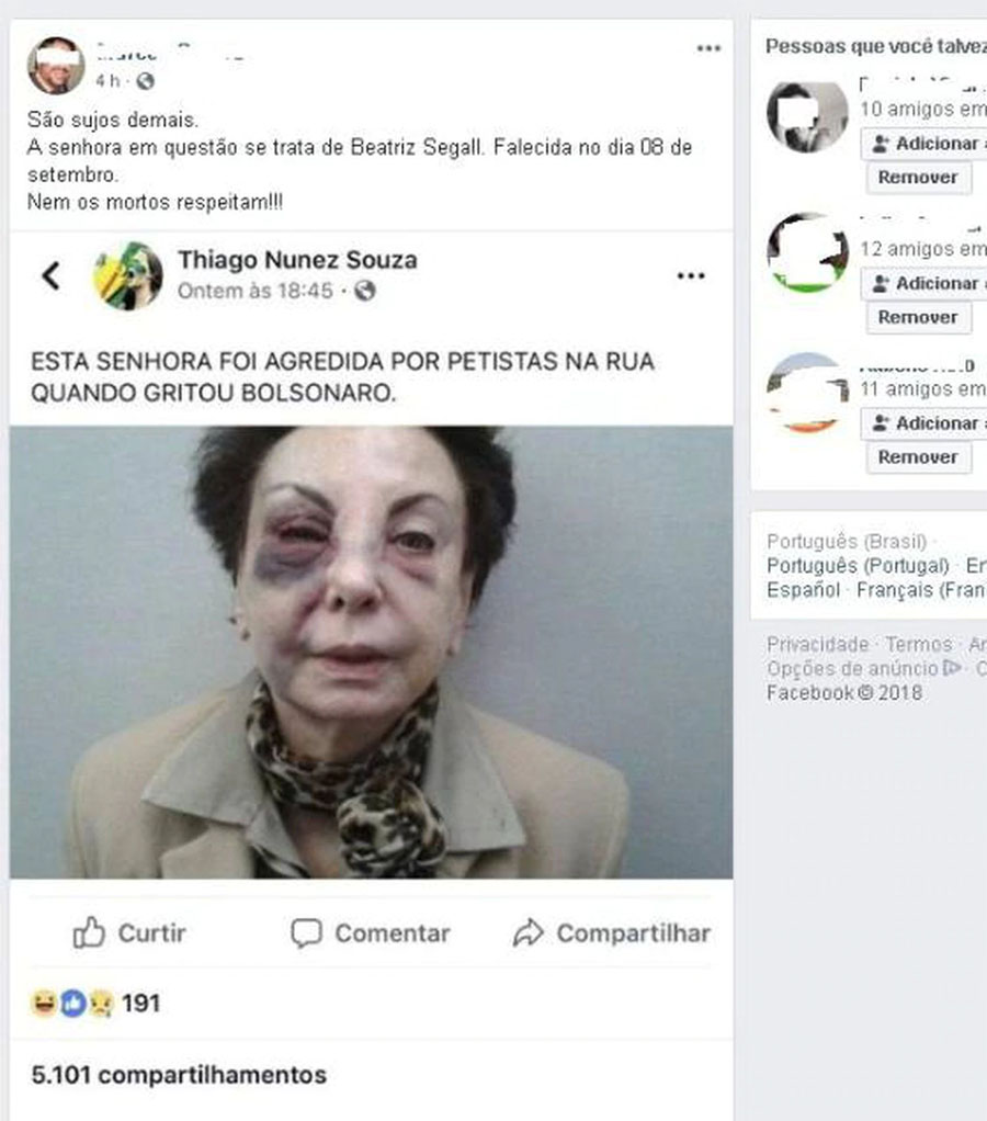 Foto da falecida atriz Beatriz Segall aps um acidente foi difundida por simpatizantes do Bolsonaro de maneira falsa.