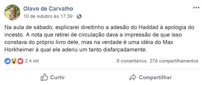 Publicao no perfil do idelogo ultradireitista Olavo de Carvalho.