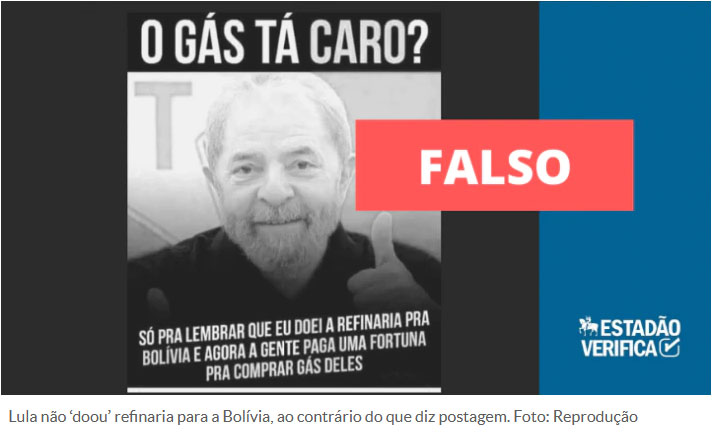 Lula não ‘doou’ refinaria para a Bolívia, ao contrário do que diz postagem. Foto: Reprodução