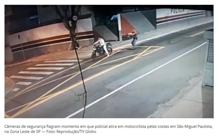 Cmeras de segurana flagram momento em que policial atira em motociclista pelas costas em So Miguel Paulista, na Zona Leste de SP — Foto: Reproduo/TV Globo