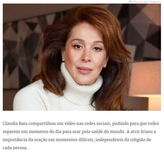 Claudia Raia chama internet para orar pela saúde do mundo.
A atriz segue o exemplo do conselheiro de Winston Churchill, que organizou um
grupo para orar pela Inglaterra na Segunda Guerra Mundial.