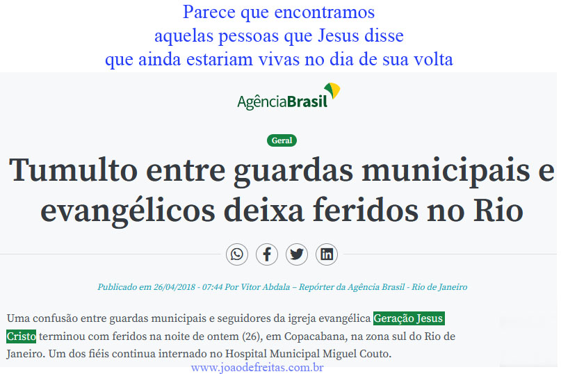 "Parece que encontramos aquelas pessoas que Jesus disse que ainda estariam vivas no dia de sua volta: a
GERAÇÃO JESUS CRISTO