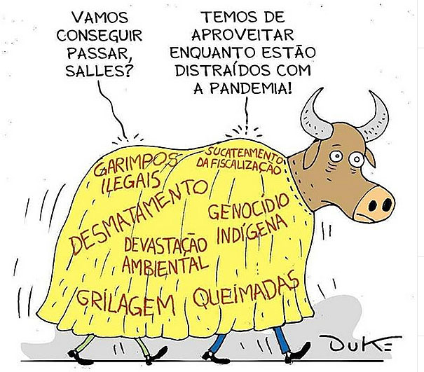 Vamos conseguir passar, Salles? Temos de aproveitar enquanto estão distraídos com a pandemia!
garimpos ilegais,
sucateamento da fiscalização,
desmatamento,
genocídio indígena,
devastação ambiental,
grilagem, 
queimadas,
...