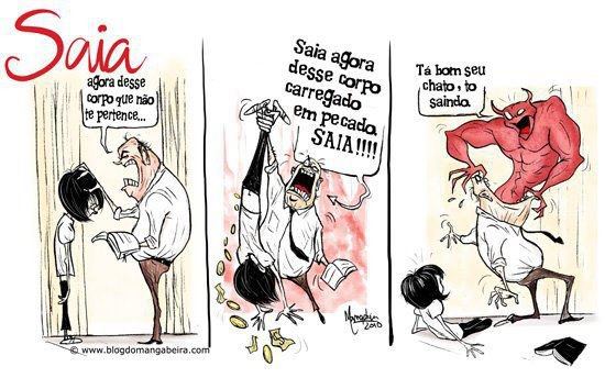 Saia agora desse corpo que não te pertence...- diz o pastor - Saia agora desse corpo carregado em pecado. SAIA!!! 'Tá bom seu chato, - diz Satanás - tô saindo'.  E Satanás sai do corpo do pastor.