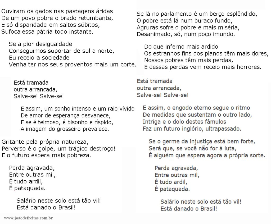 HINO RACIONAL DA ERA BOZOZOICA

Ouviram os gados nas pastagens áridas 
De um povo pobre o brado retumbante,
E só disparidade em saltos súbitos, 
Sufoca essa pátria todo instante. 

Se a pior desigualdade 
Conseguimos suportar de sul a norte, 
Eu receio a sociedade 
Venha ter nos seus proventos mais um corte.

Está tramada 
outra arrancada, 
Salve-se! Salve-se!

E assim, um sonho intenso e um raio vívido
De amor de esperança desvanece, 
E se é teimoso, é bisonho e ríspido,
A imagem do grosseiro prevalece.

Gritante pela própria natureza, 
Perverso é o golpe, um trágico destroço!
E o futuro espera mais pobreza.

Perda agravada,
Entre outras mil,
É tudo ardil,
É pataquada.

Salário neste solo está tão vil!
Está danado o Brasil!

Se lá no parlamento é um berço esplêndido,
O pobre está lá num buraco fundo,
Agruras sofre o pobre e mais miséria, 
Desanimado, só, num poço imundo.

Do que inferno mais ardido
Os estranhos fins dos planos têm mais dores, 
Nossos pobres têm mais perdas,
E dessas perdas vem receio mais horrores.

Está tramada 
outra arrancada, 
Salve-se! Salve-se!

E assim, o engodo eterno segue o ritmo
De medidas que sustentam o outro lado,
Intriga e o dolo destes fâmulos
Faz um futuro inglório, ultrapassado.

Se o germe da injustiça está bem forte, 
Será que, se você não for à luta,
É alguém que espera agora a própria sorte.

Perda agravada,
Entre outras mil,
É tudo ardil,
É pataquada.

Salário neste solo está tão vil!
Está danado o Brasil!
