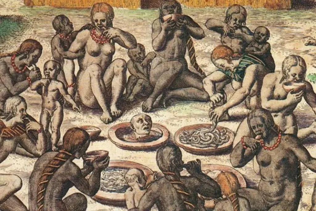 Índios caetés comendo sardinha.

Comera o bispo Dom Fernandes Sardinha