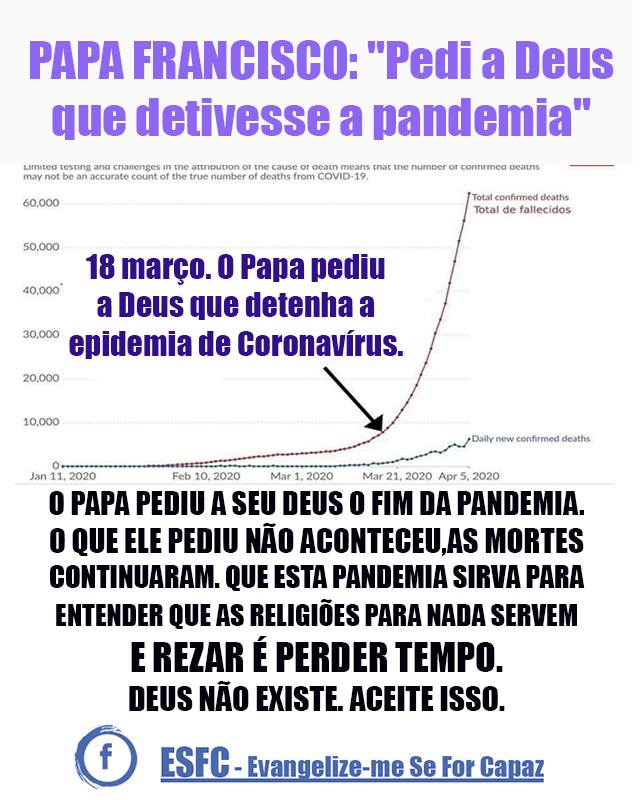 'Pedi a Deus que detivesse a pandemia' (Papa Francisco). O papa pediu, em 18 de março, ao seu deus, que detenha a epidemia de Coronavírus. O que ele pediu não aconteceu; ao contrário, as mortes continuaram e o número acelerou acentuadamente. Que esta pandemia sirva de exemplo para entender que as religiões para nada servem, e rezar é perder tempo. Deus não existe. Aceitem isso.