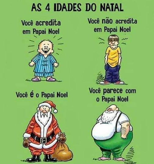 AS QUATRO IDADES DO NATAL
1 - Você acredita em papai noel;
2 - Você não acredita em papai noel;
3 - Você é o papai noel;
4 - Você parece com o papai noel.