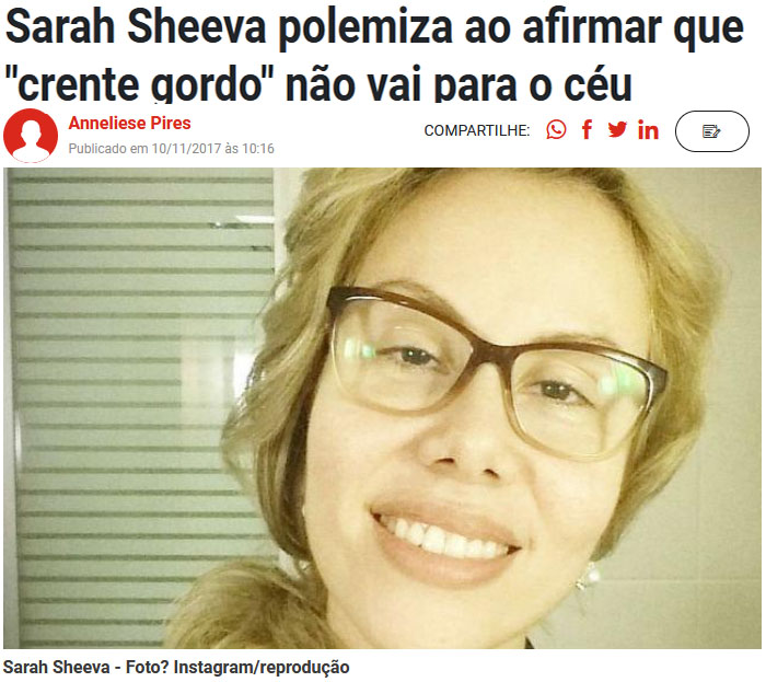 Sarah Sheeva polemiza ao afirmar que "crente gordo" não vai para o céu