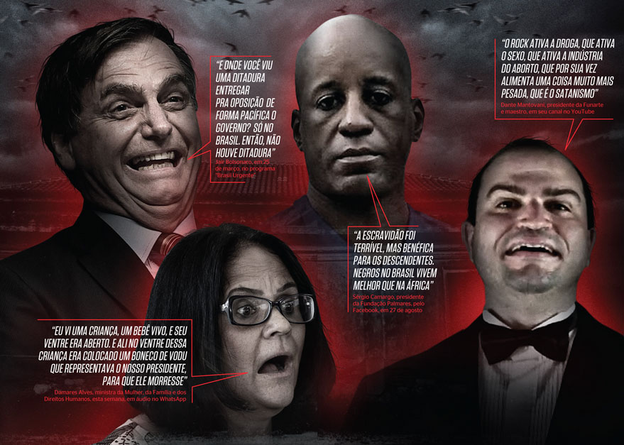 Jair bolsonaro, damares alves, sergio camargo, dante mantovani grotescos