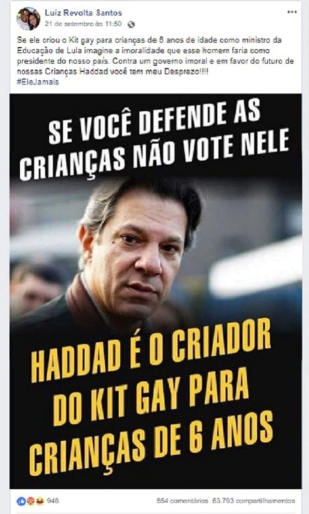 Se você defende às crianças não vote por ele. Haddad é o criador do kit gay para crianças de 6 anos