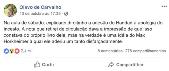 Publicação no perfil do ideólogo ultradireitista Olavo de Carvalho.
