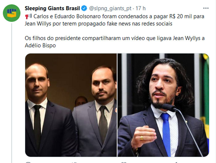Carlos e Eduardo Bolsonaro foram condenados a pagar R$ 20 mil para Jean Willys por terem propagado fake news nas redes sociais. Os filhos do presidente compartilharam um vídeo que ligava Jean Wyllys a Adélio Bispo