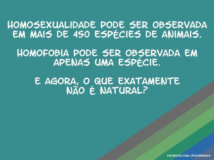 A homossexualidade pode ser observada em mais de 450 espécies de animais.
Homofobia pode ser observada em apenas uma espécie.
E agora, o que exatamente não é natural?