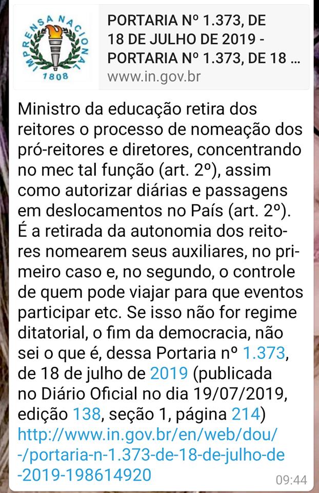 Ministro da Educação retira dos reitores o processo de nomeação dos pró-reitores e diretores, concentrando no MEC tal função