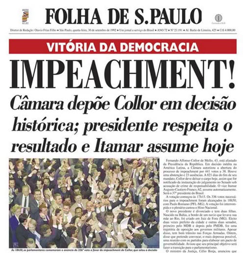 Câmara depõe Collor em decisão histórica; presidente respeita o resultado e Itamar assume hoje.
