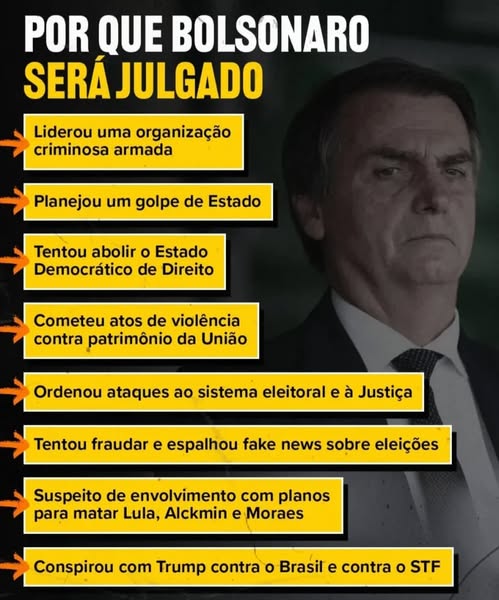 Bolsonaro será julgado porque
- liderou uma organização criminosa armada;
- planejou um golpe de estado;
- tentou abolir o estado demoncrático de direito;
- Cometeu atos de violência contra patrimônio da União;
- Ordenou ataques ao sistema eleitoral e à justiça;
- tentou fraudar e espalhou fake nesws sobre eleições;
- suspeito de envolvimento com planos para matar Lula, Alckmin e Moraes;
Conspirou com Trump contra o Brasil e contra o STF.