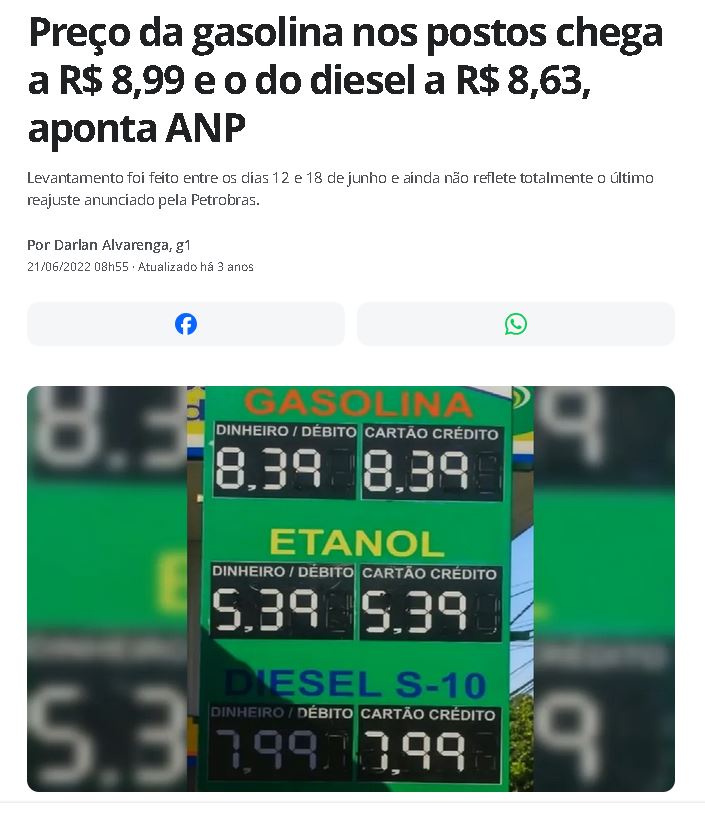 O preço da gasolina chegou a R$8,63
(oito reais e sessenta e três centavos)
no última ano do governo Bolsonaro.
