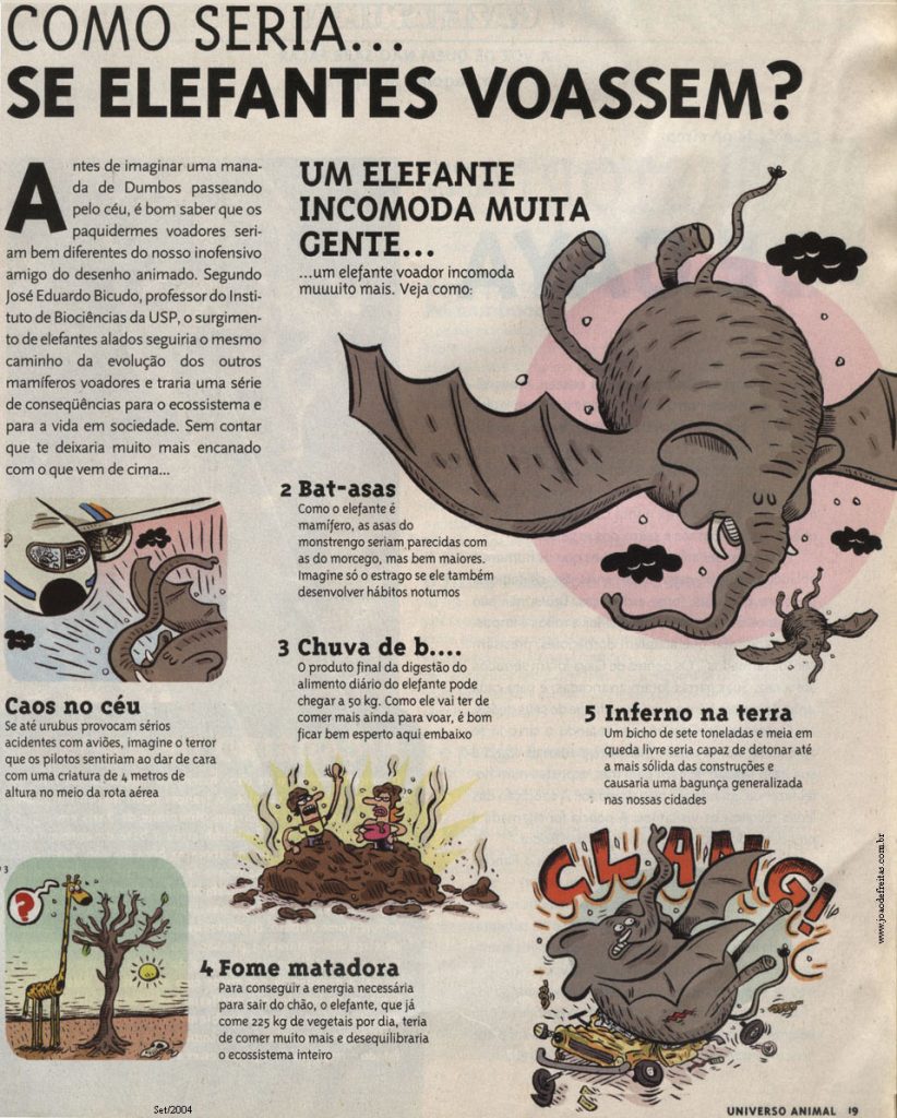 1.   Caos no céu => Se até urubus provocam sérios acidentes com aviões, imagine o terror que os pilotos sentiriam ao dar de cara com uma criatura de 4 metros de altura no meio da rota aérea.
2.   Bat-asas => Como o elefante é mamífero, as assas do monstrengo seria parecidas com as do morcego,mas bem maiores. Imaginem só o estrago se ele também desenvolver hábitos noturnos.
3.   Chuva de b... => O produto final da digestão do alimento diário do elefante pode chegar a 50 kg. Como ele vai ter de comer mais ainda para voar, é bom ficar bem esperto aqui embaixo.
4.   Fome matadora => Para conseguir a energia necessária para sair do chão, o elefante, que já come 225 kg de vegetais por dia teria de comer muito mais e desequilibraria o ecossistema inteiro.
5.   Inferno na terra => Um bicho de sete toneladas e meia em queda livre seria capaz de detonar até a mais sólida construção e causaria uma bagunça generalizada nas nossas cidades.
Fonte: Revista Universo Animal n° 1 de setembro de 2004