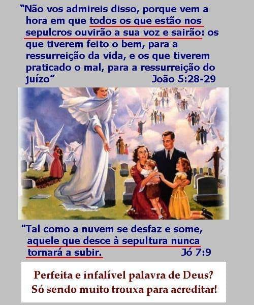 "Não vos maravilheis disto; porque vem a hora em que todos os que estão nos sepulcros ouvirão a sua voz.
E os que fizeram o bem sairão para a ressurreição da vida; e os que fizeram o mal para a ressurreição da condenação." 
(João 5:28,29)
"Assim como a nuvem se desfaz e passa, assim aquele que desce à sepultura nunca tornará a subir." 
(Jó 7:9)
