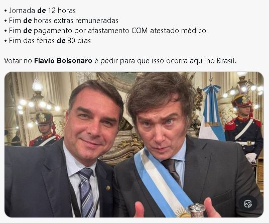 Jornada de 12 horas,
fim de horas extras remuneradas,
fim de pagamento por afastamento com atestado médico,
fim das férias de 30 dias.
Votar em Flávio Bolsonaro é pedir para que isso ocorra aqui no Brasil.