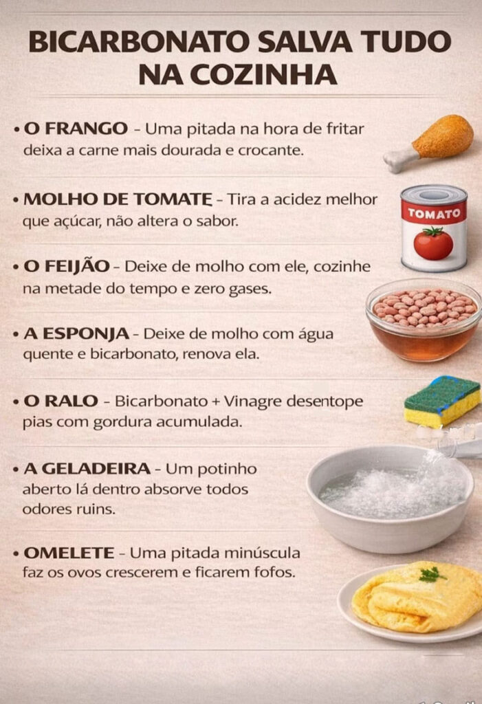 BICARBONATO SALVA TUDO NA COZINHA

O FRANGO - Uma pitada de bicarbonato na hora de fritar deixa a carne mais dourada e crocante.
MOLHO DE TOMATE - Tira a acidez melhor que açúcar, não altera o sabor.
O FEIJÃO - Deixe de molho ele, cozinhe na metade do tempo e zero gases.
A ESPONJA - Deixe de molho com água quente e bicarbonato, ele a renova.

O RALO - Bicarbonato mais vinagre desentope pias com gordura acumulada.
A GELADEIRA - Um potinho aberto lá dentro absorve todos odores ruins.
OMELETE - Uma pitada minúscula faz os ovos crescerem e ficarem fofos.
