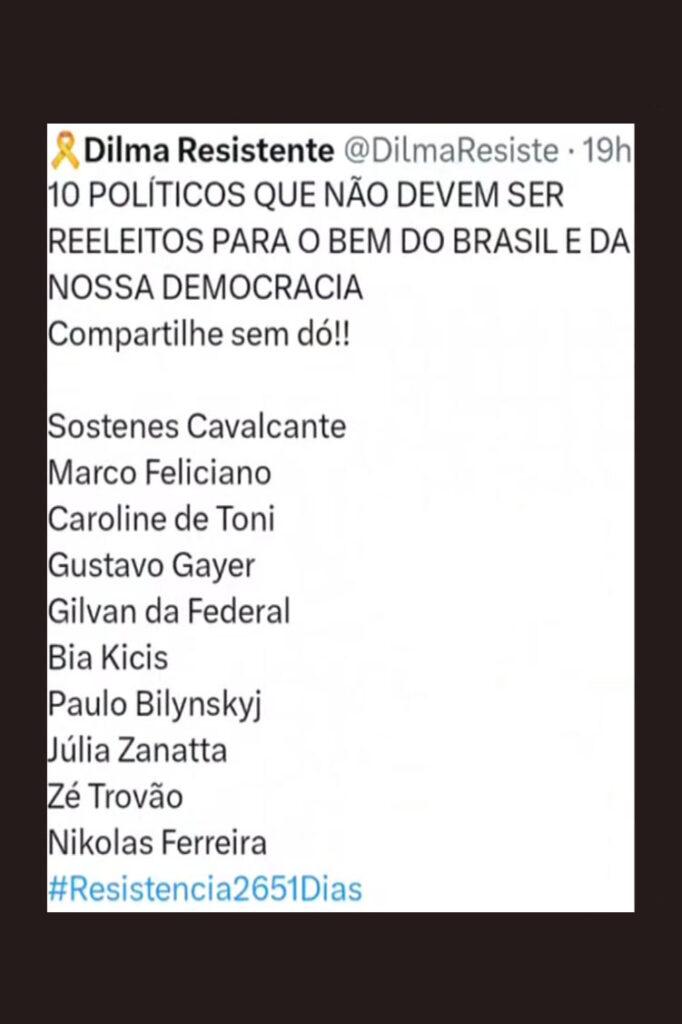 Para o bem da nossa democracia, eles não devem ser reeleitos:
Sóstenes Cavalcante;
Marco Feliciano;
Caroline de Toni;
Gustavo Gayer;
Gilvan da Federal;
Bia Kicis;
paulo Bilysnskyj;
Júlia Zanatta;
Zé Trovão;
Nikolas Ferreira.

Reeleitos, eles poderiam continuar fazendo muitos estragos prejudicando a todos nós.